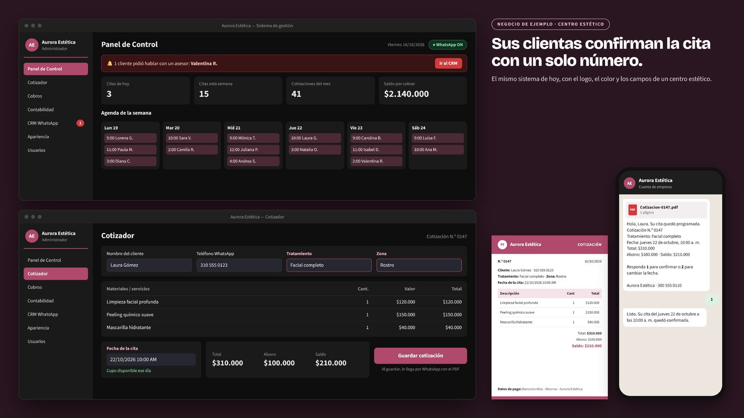Sistema de agenda y cotizaciones de InnDiTec configurado para un centro estético: panel, cotizador, PDF y WhatsApp del cliente