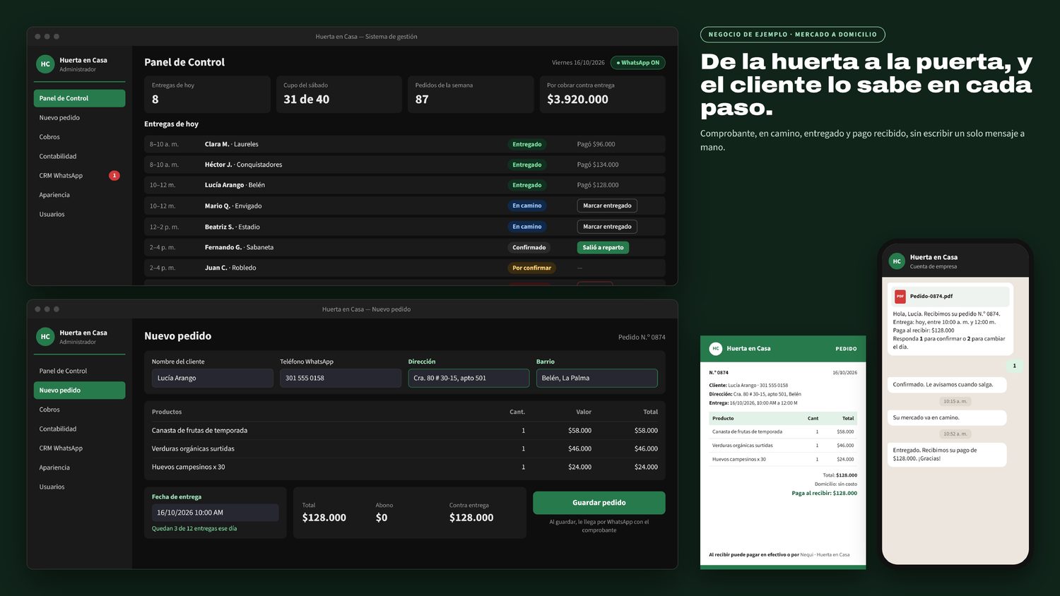 Sistema configurado para un mercado a domicilio, con entregas por franja y pago contra entrega