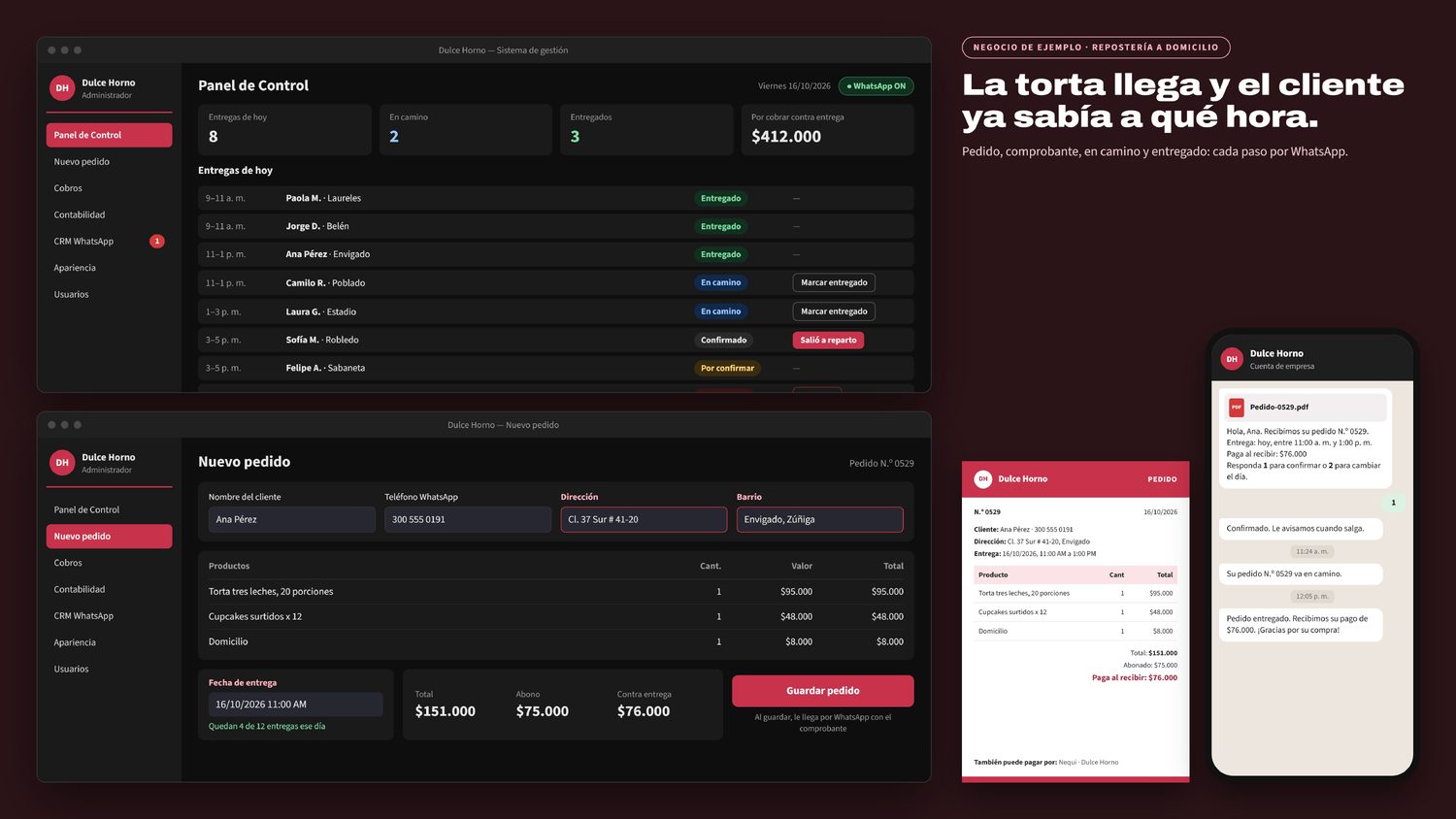 Sistema de pedidos y entregas de InnDiTec configurado para una repostería a domicilio: entregas de hoy, nuevo pedido, comprobante y WhatsApp del cliente