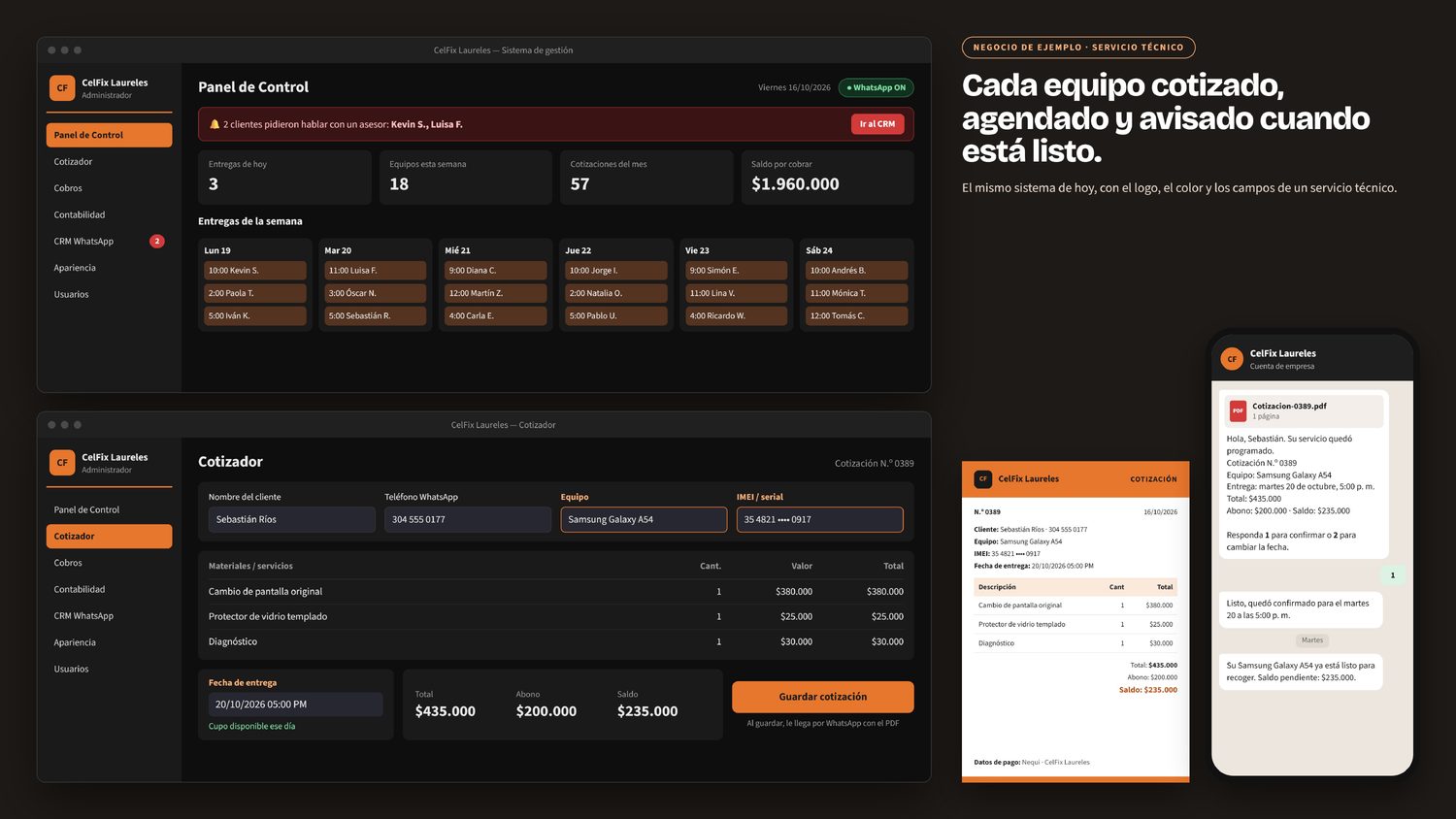 Sistema configurado para un servicio técnico de celulares, con aviso de equipo listo para recoger