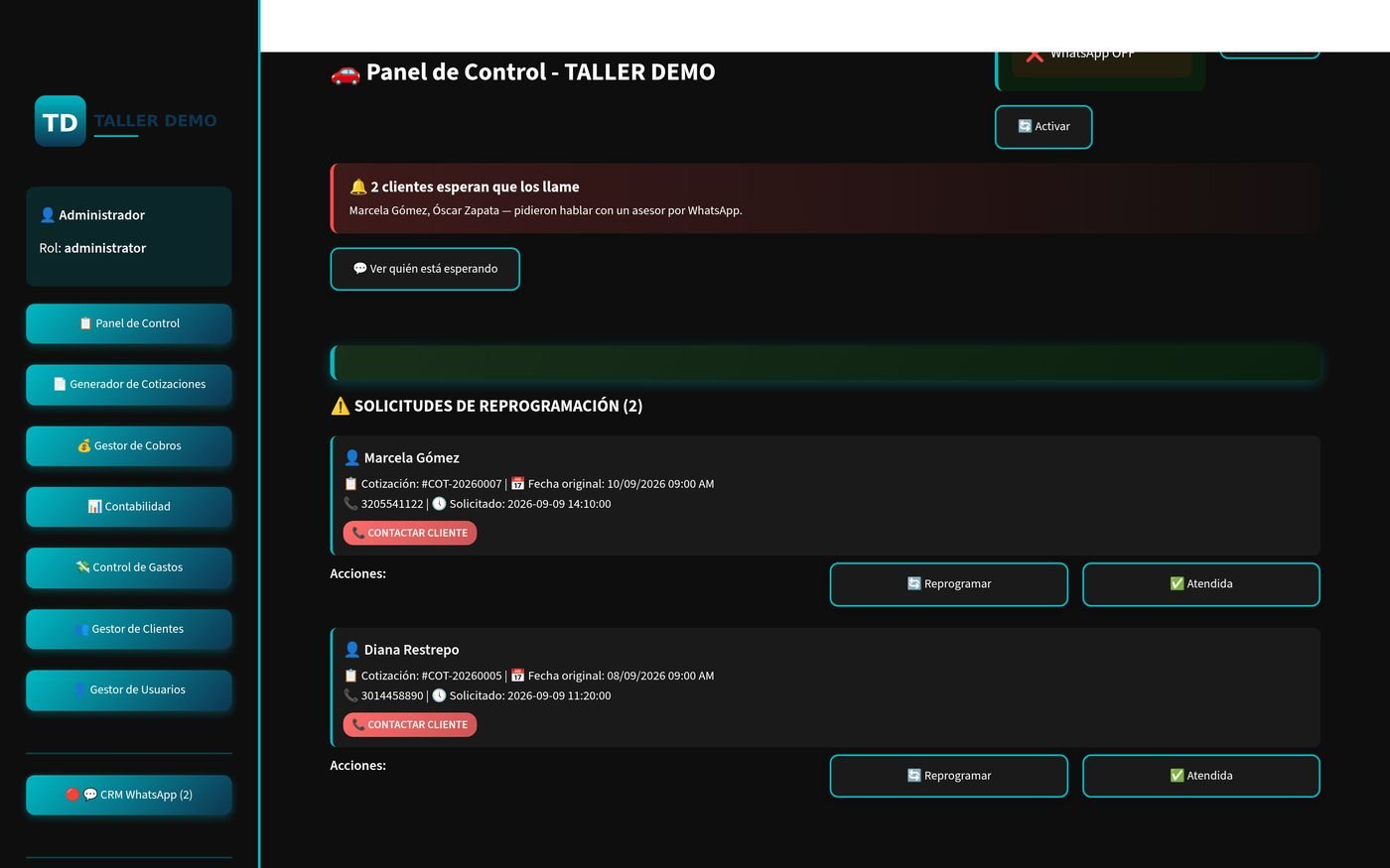 Panel principal del sistema mostrando el aviso de clientes esperando y las solicitudes de reprogramación