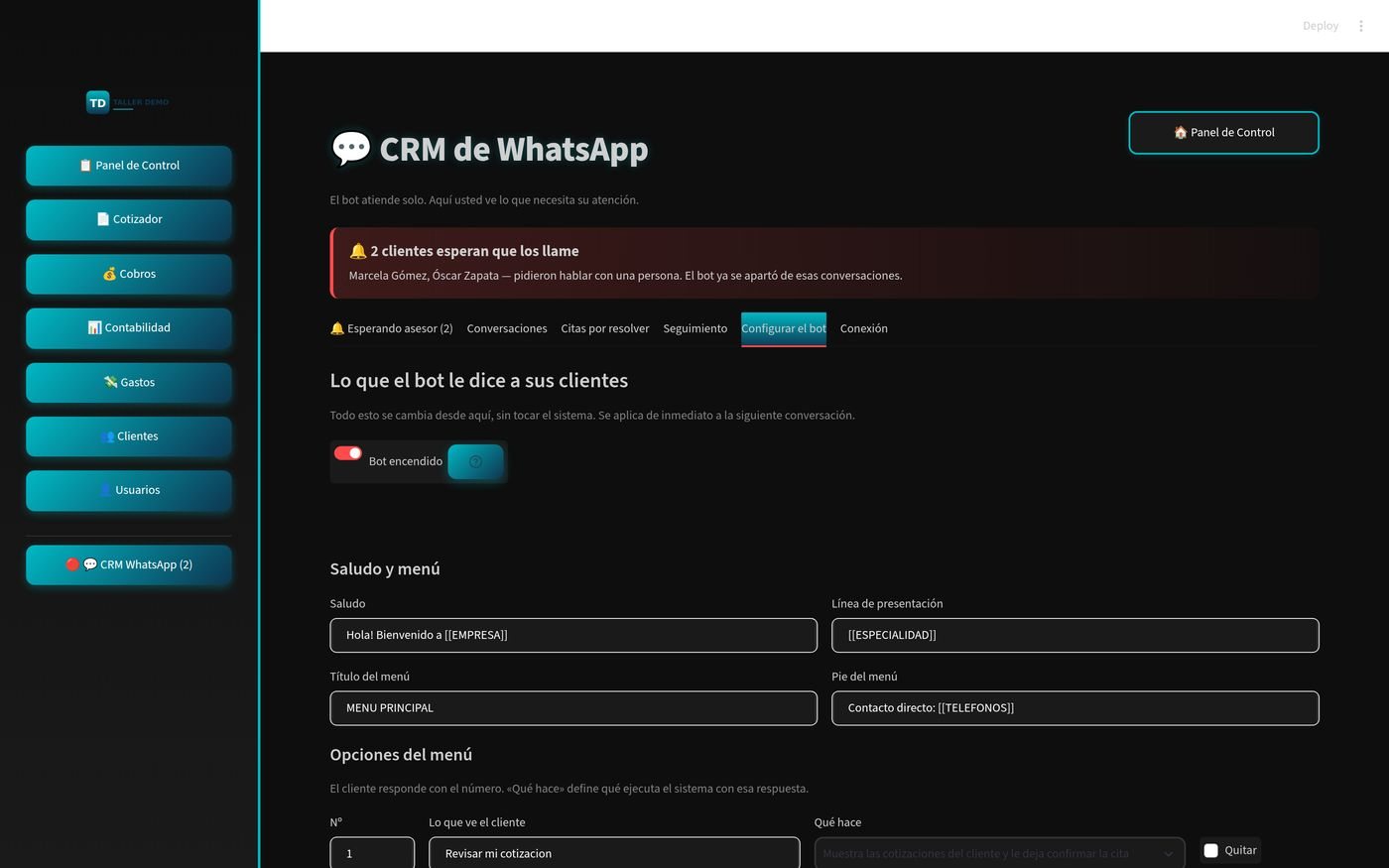 Pantalla de configuración del bot, donde el taller edita el menú y los textos que recibe el cliente