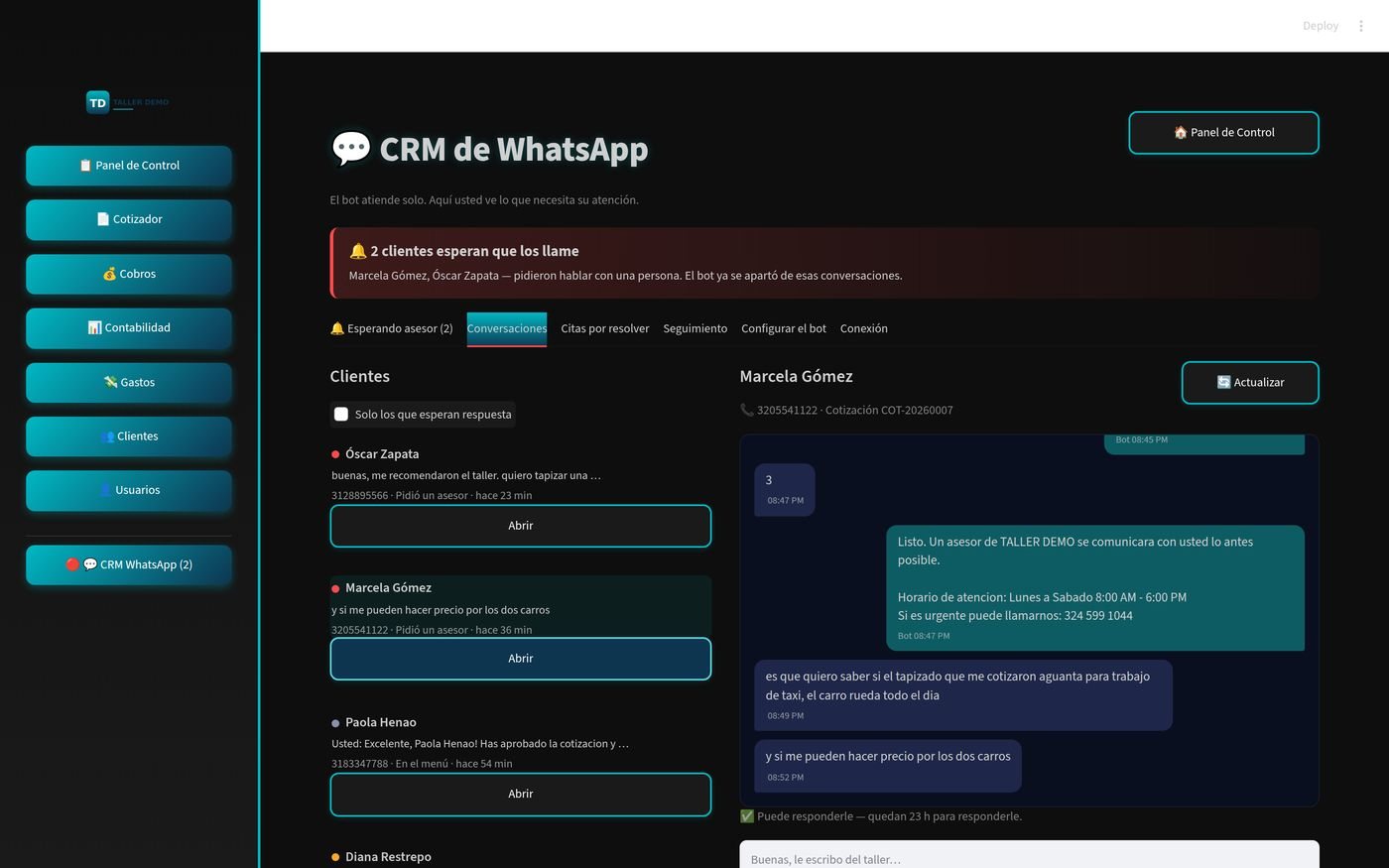 Pantalla del CRM mostrando la conversación completa con un cliente por WhatsApp, con la caja para responder desde el sistema