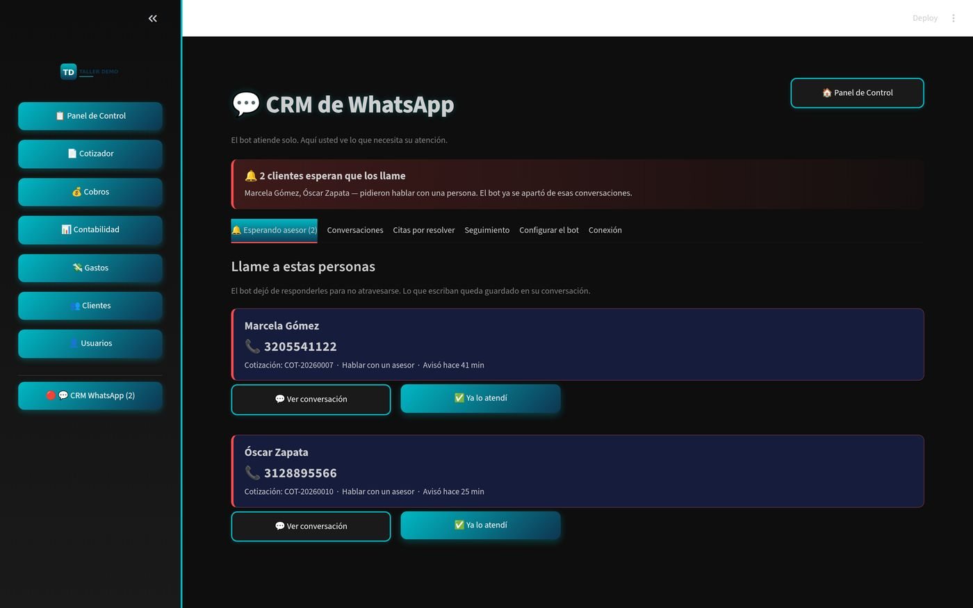 Pestaña del sistema con la lista de clientes que pidieron hablar con un asesor, con nombre, teléfono y cotización